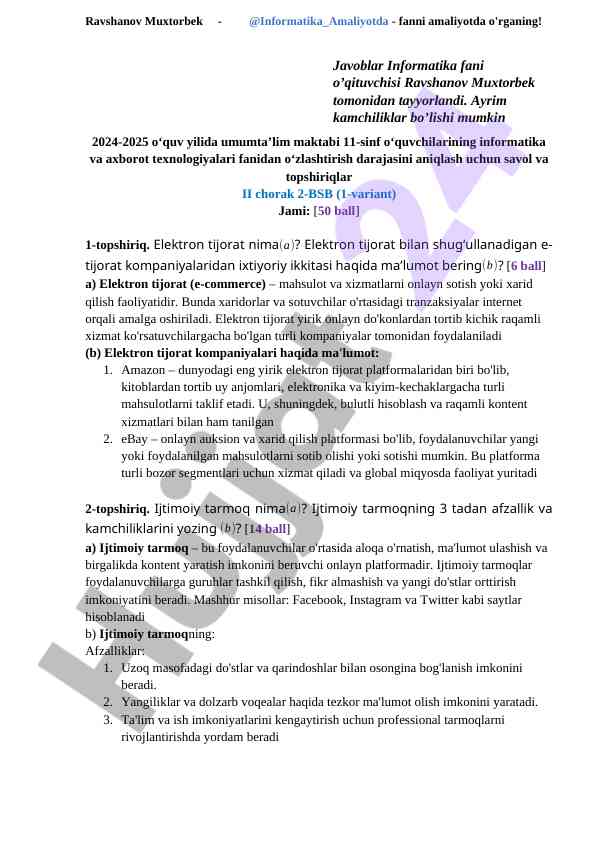 Informatika fani bo'yicha test savollari
