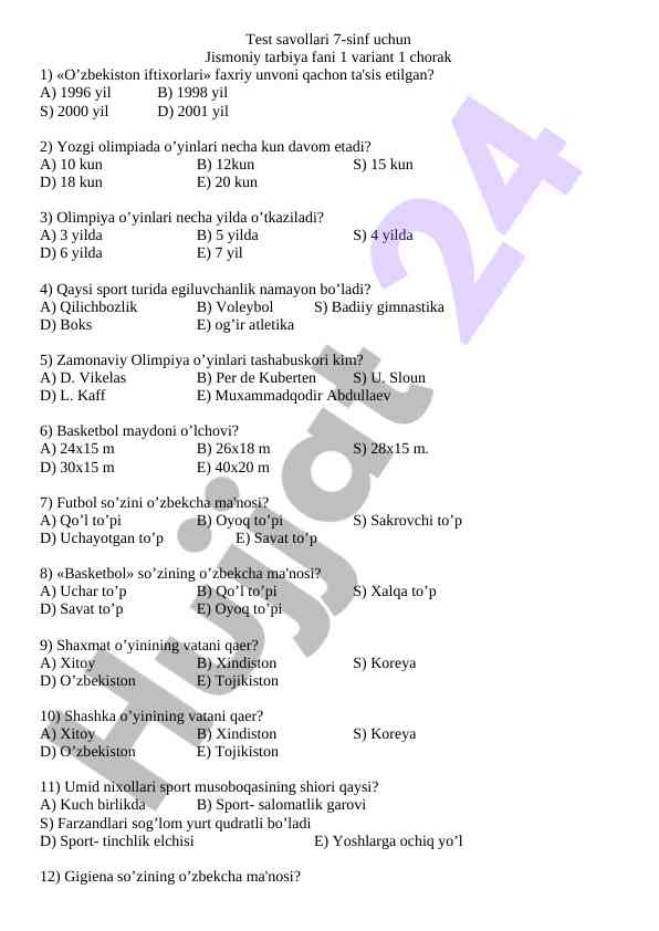 Jismoniy tarbiya fani 7-sinf test savollari