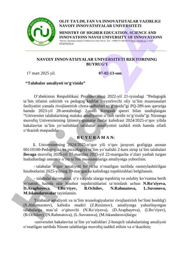 Talabalar amaliyoti tashkil etish bo'yicha tavsiyalar