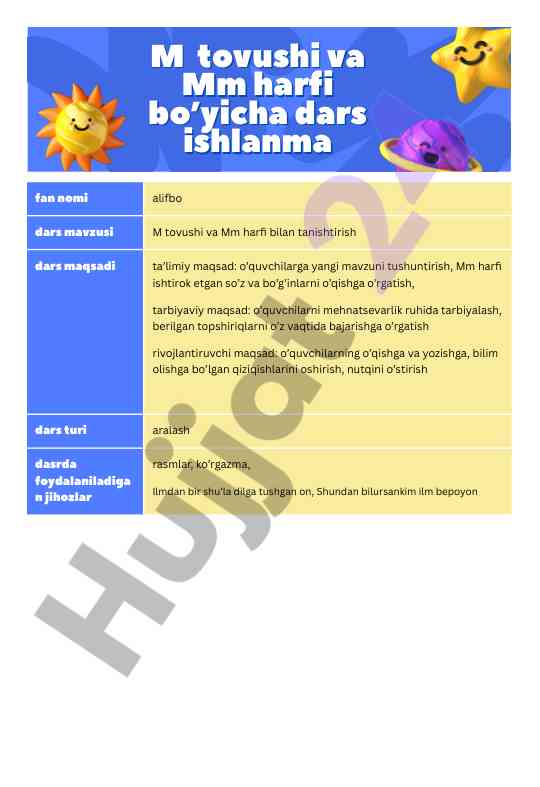 M tovushi va mm harfi bilan tanishtirish dars ishlanma