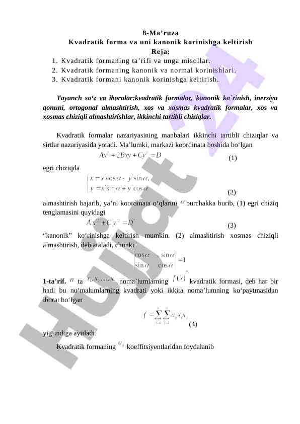 Kvadratik forma va uning kanonik korinishga keltirish