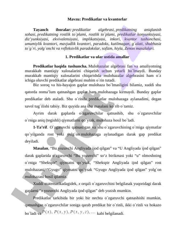 Predikatlar va kvantorlar mantiqiy tahlil usullari