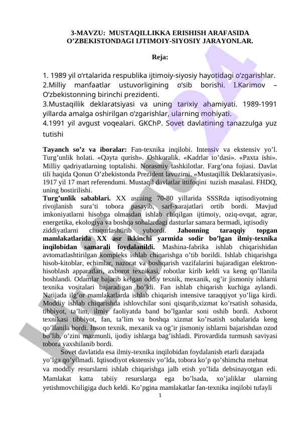 Mustaqillikka erishish arafasidagi o'zbekiston tarixi