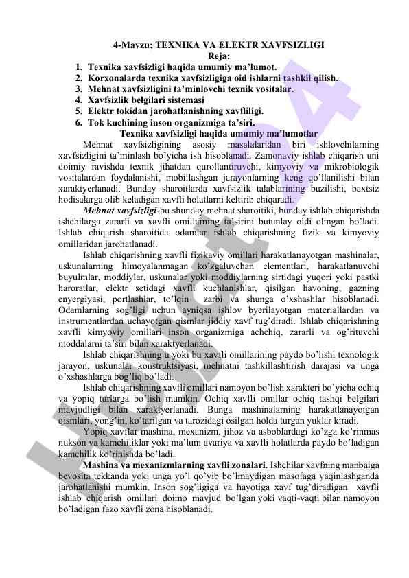 Texnika va elektr xavfsizligi haqida umumiy ma'lumot