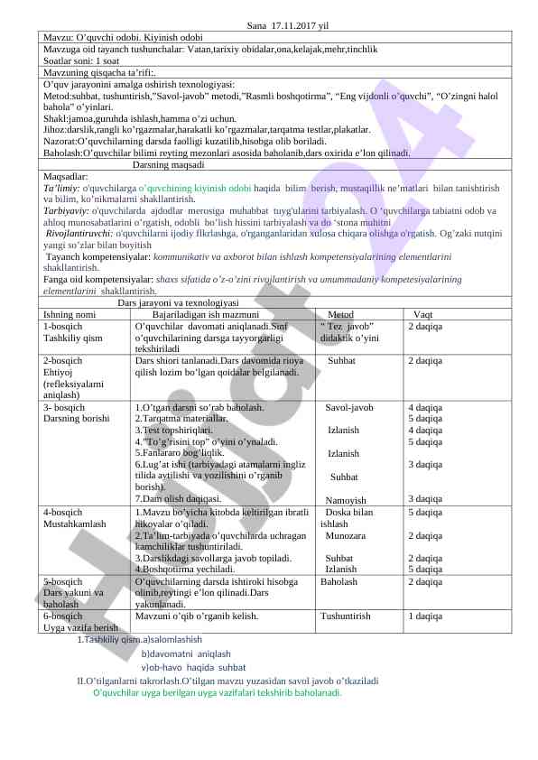 Kiyinishodobi mavzusida dars ishlanmalari