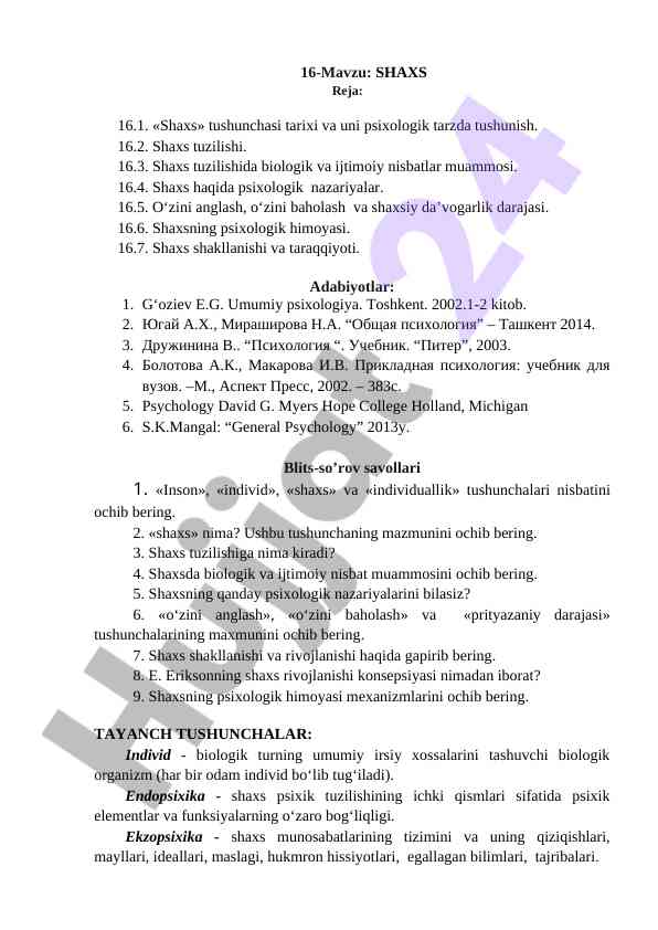 Shaxs tushunchasi va psixologik nazariyalar