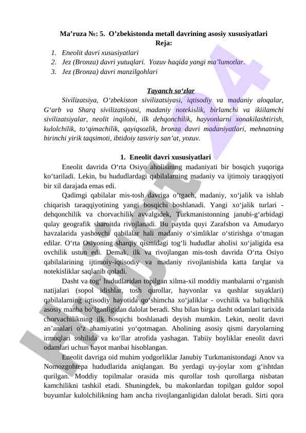 O’zbekistonda metall davrining asosiy xususiyatlari