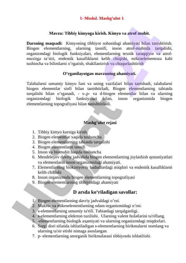 Tibbiy kimyoga kirish – biogen elementlar haqida