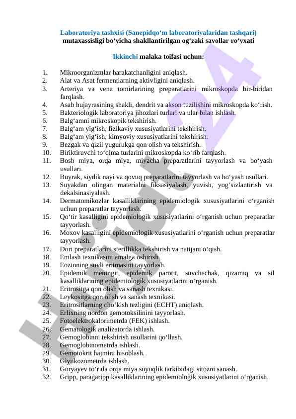 Laboratoriya Tashxisi Uchun Og‘zaki Savollar
