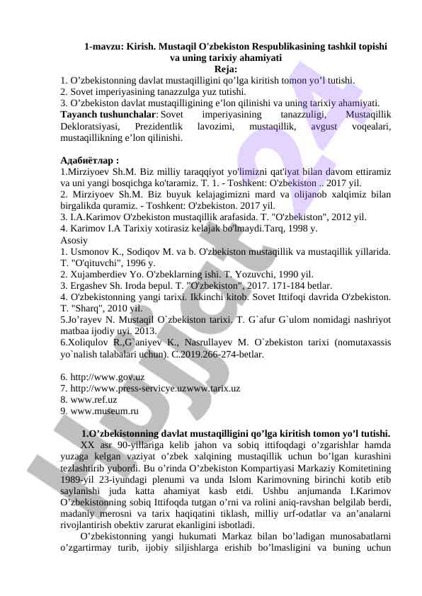 O‘zbekiston mustaqilligi tarixi va ahmiyati
