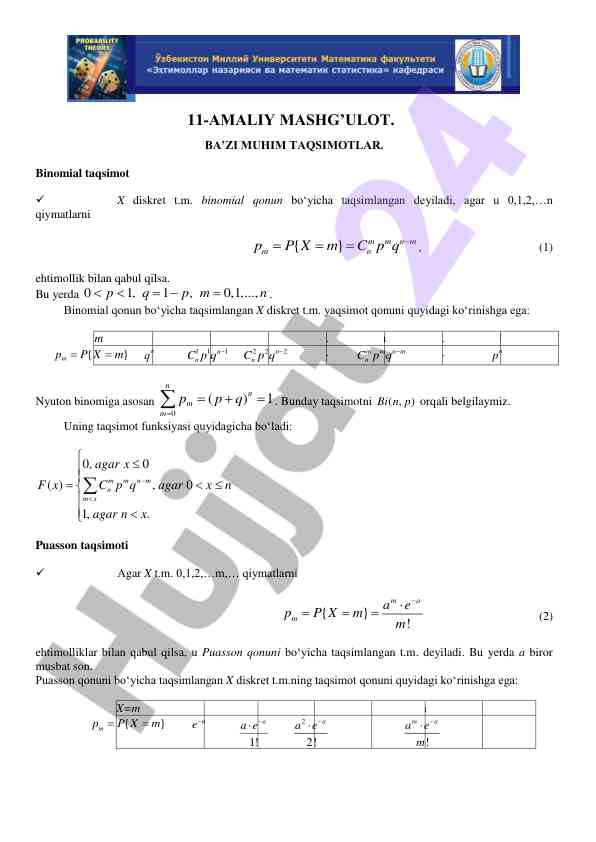 Binomial va puasson taqsimot qonunlari