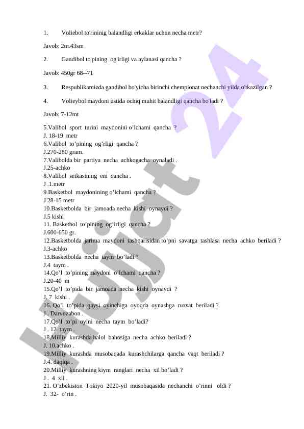Sport turlarining o'lchamlari va qoidalari