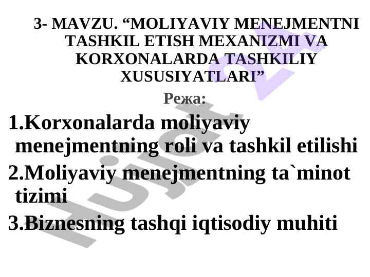 Moliyaviy menejmentni tashkil etish mexanizmi