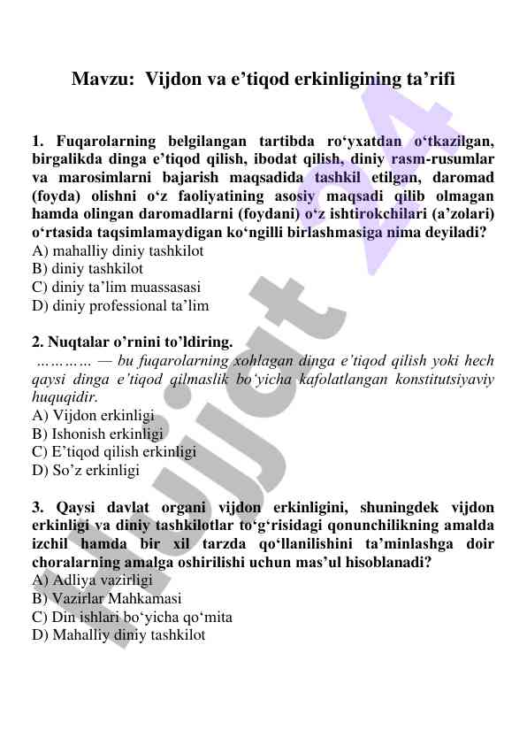Vijdon va e’tiqod erkinligi mavzusi bo‘yicha savollar