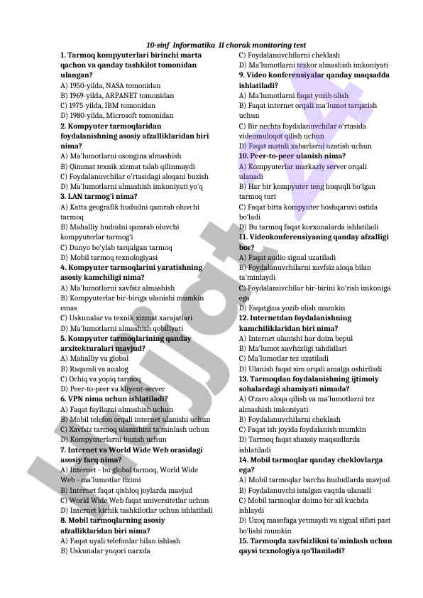 10-sinf informatika monitoring testi savollari