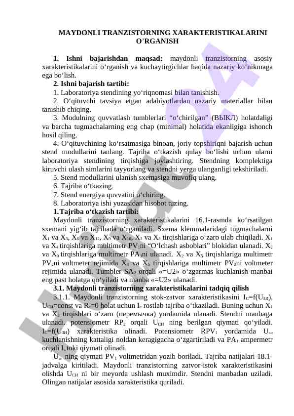 Maydonli tranzistorning xarakteristikalarini o‘rganish