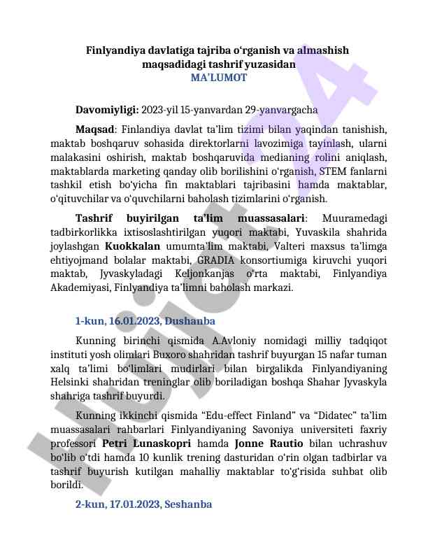 Finlyandiya ta'lim tizimi tajribasi o'rganilishi