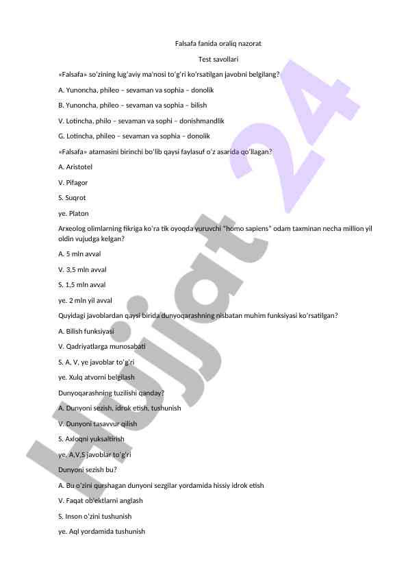 Falsafa fanida oraliq nazorat test savollari