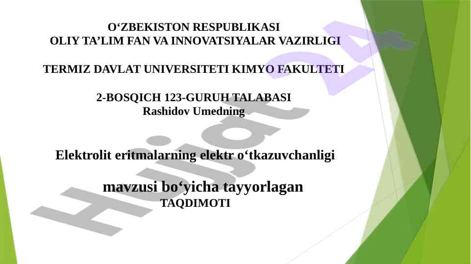 Electrolit eritmalarning elektr o‘tkazuvchanligi taqdimoti