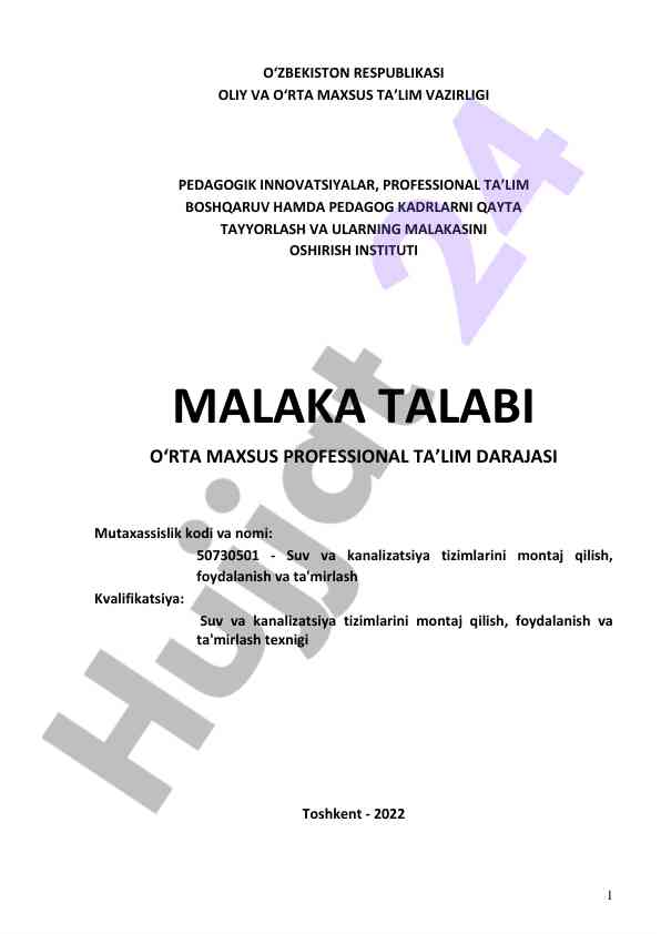 Suv va kanalizatsiya tizimlari montaj qilish ta'limi