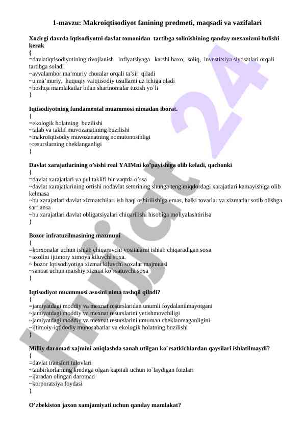 Makroiqtisodiyot fanining predmeti va vazifalari