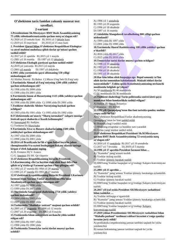 O'zbekiston tarixidan yakuniy nazorat test savollari