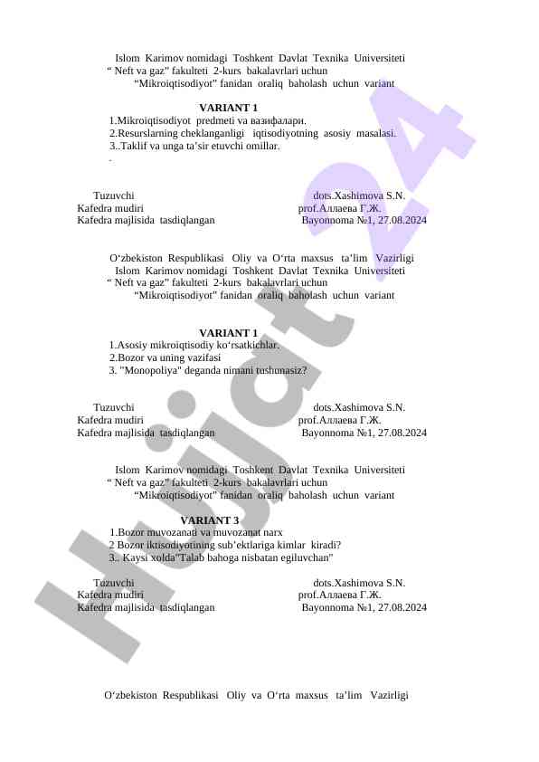 Mikroiqtisodiyot fanidan oraliq baholash variantlari