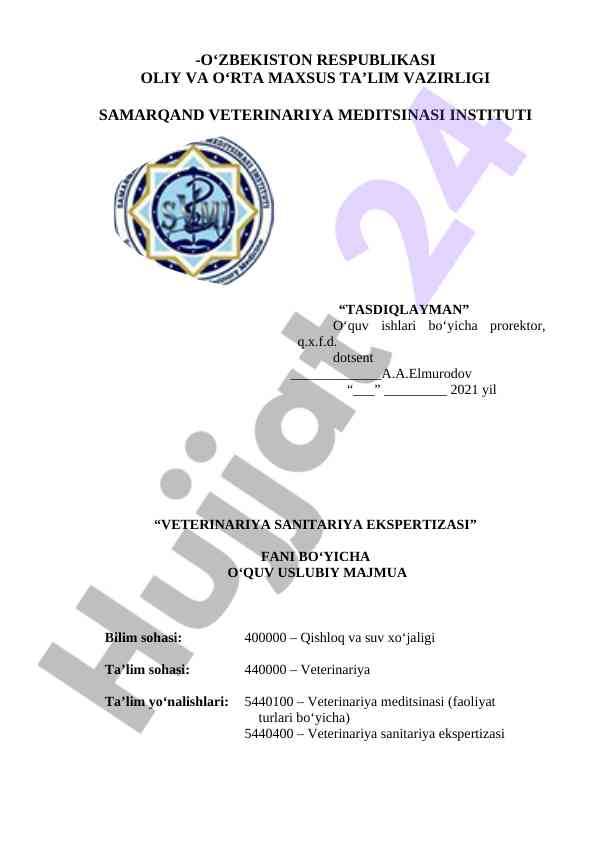 Veterinariya sanitariya ekspertizasi o‘quv usuliy majmua