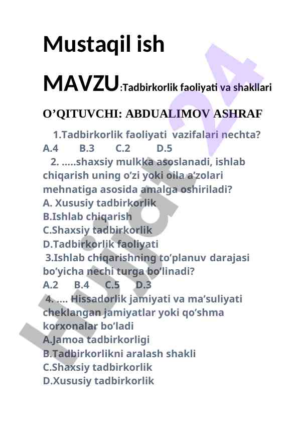 Tadbirkorlik faoliyati va shakllari