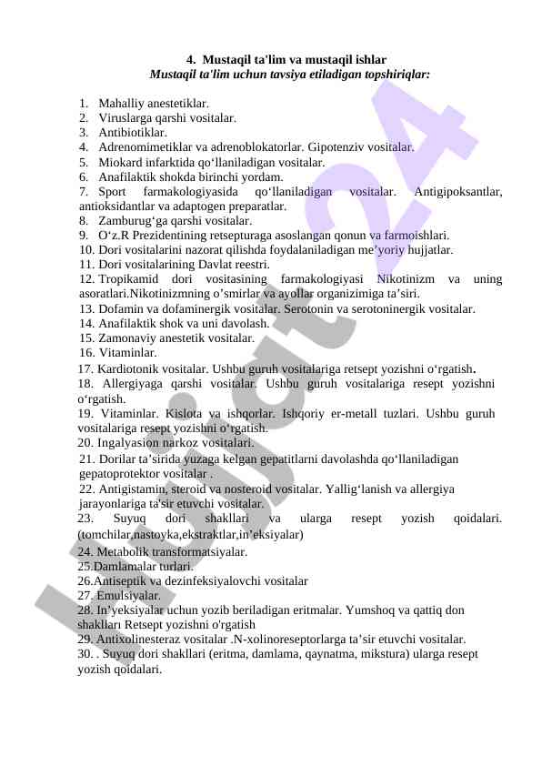 Mustaqil ta'lim va anestezik vositalar