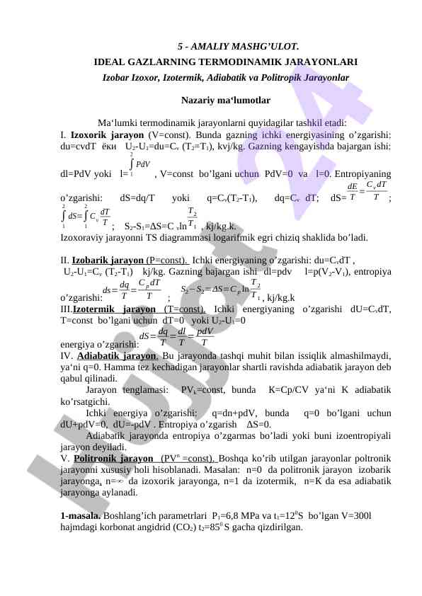Termodinamik jarayonlar: izobar, izoxor, izotermik