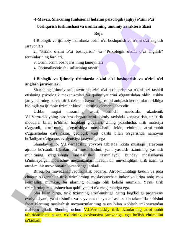 Psixologik o‘zini o‘zi boshqarish tushunchasi va usullari