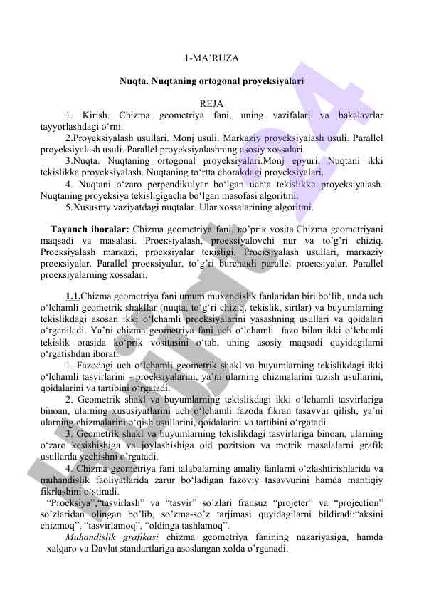 Nuqta va uning proyeksiyalari haqida ma’ruza