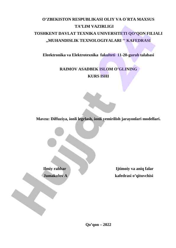 Diffuziya va ionli jarayonlar modelleri