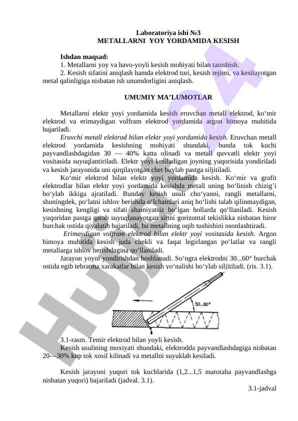 Metallarni yoy yordamida kesish ishlari