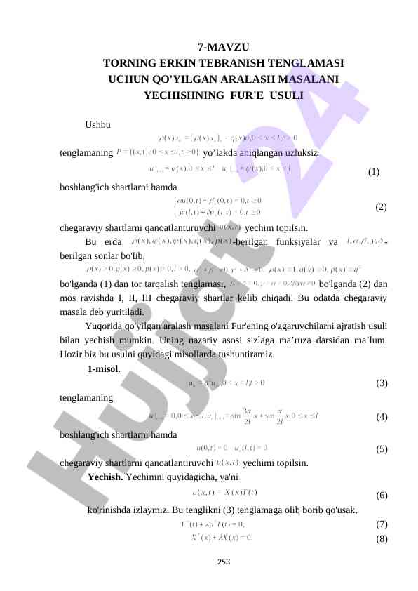 Erkin tebranish tenglamasi uchun aralash masala