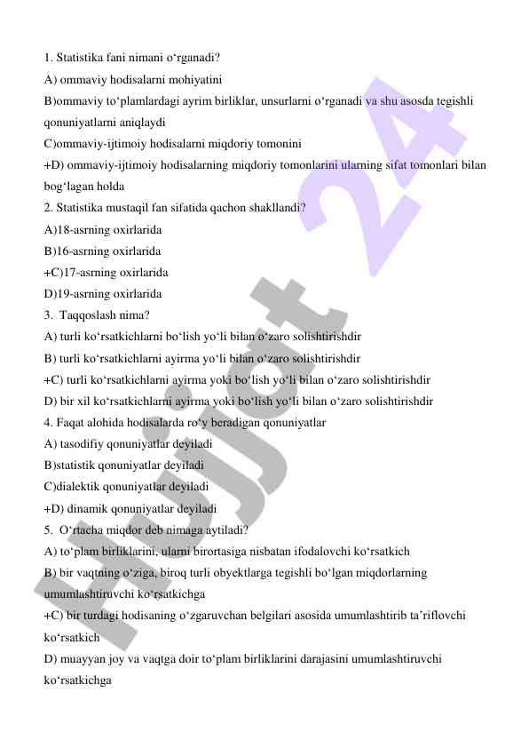 Statistika fani bo‘yicha test savollari