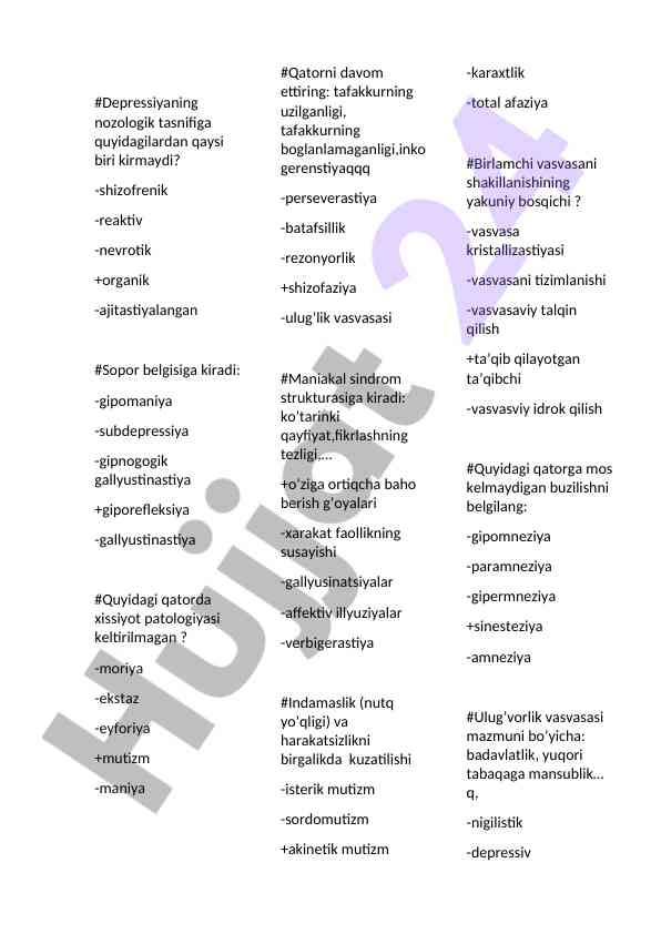 Depressiya patologiyasi va tasniflari haqida referat