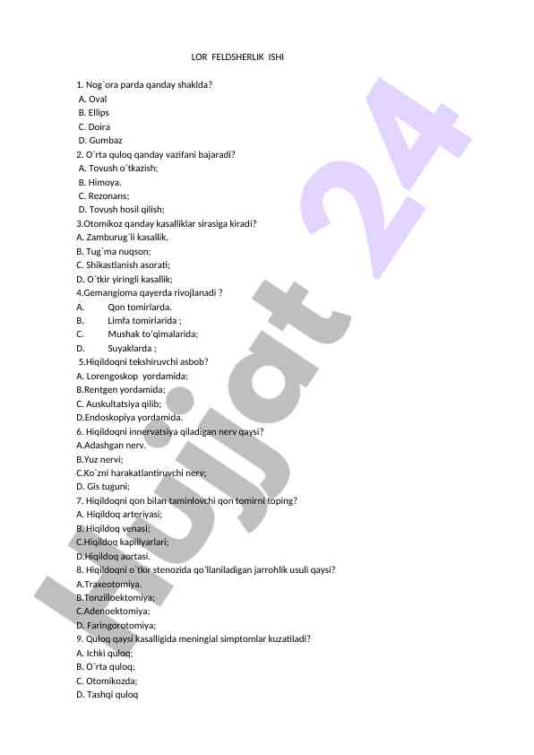 Lor feldsherlik ishti test savollari