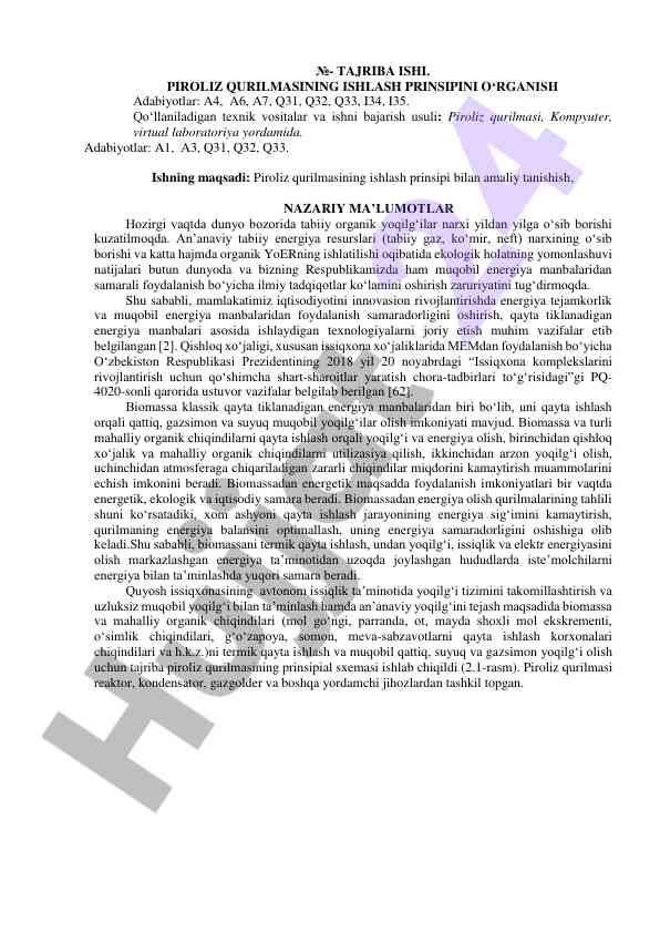 Piroliz qurilmasining ishlash prinsipini o‘rganish