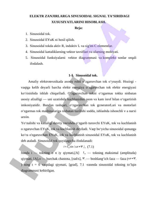 Sinusoidal signal ta’siridagi xususiyatlar hisoblash