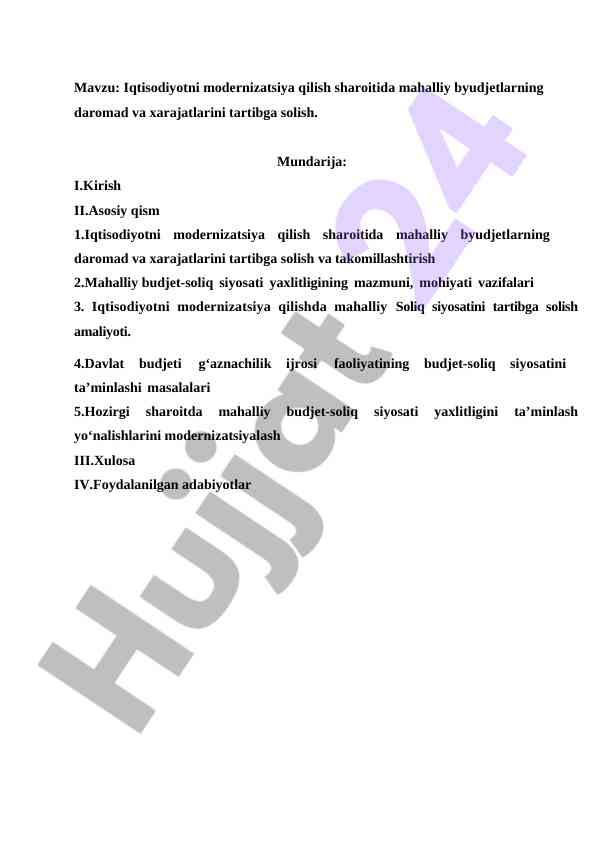 Iqtisodiyotni modernizatsiya qilish sharoitida byudjet