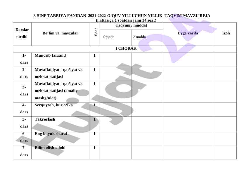 3-sinf tarbiya fanidan yillik taqvim reja