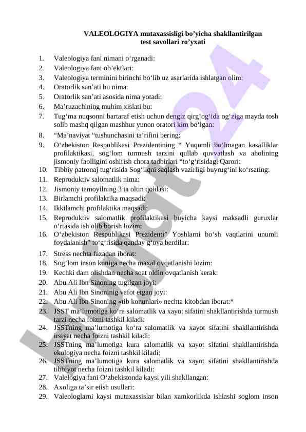 Valeologiya fanidan test savollari ro'yxati