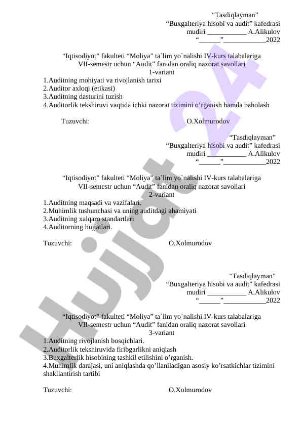 Audit fanidan oraliq nazorat savollari