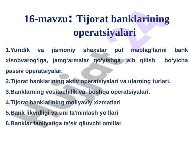 Tijorat banklarining operatsiyalari va moliyaviy xizmatlar