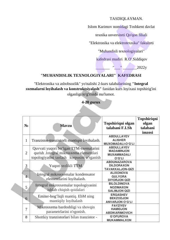Kurs loyihasi: integral sxemalarni loyihalash