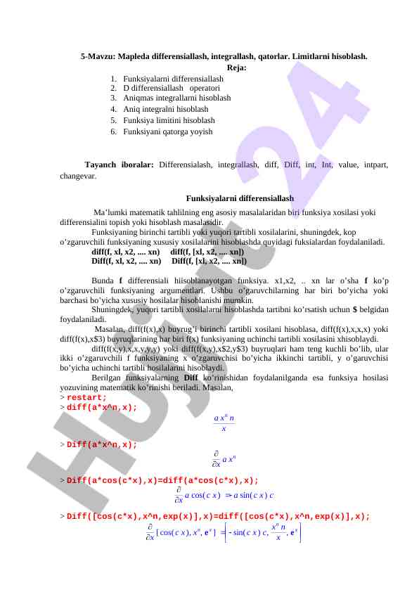 Differensiallash va integrallash bo’yicha mavzu