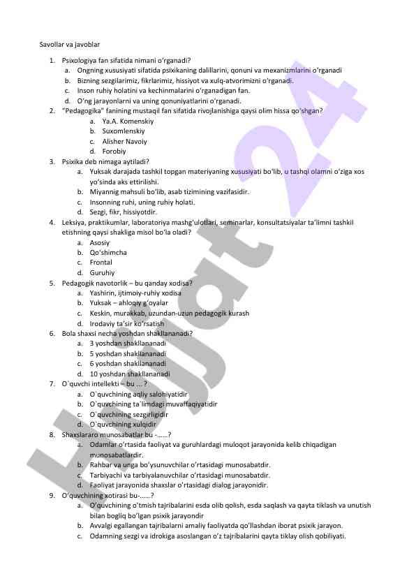 Psixologiya va pedagogika savollari va javoblari