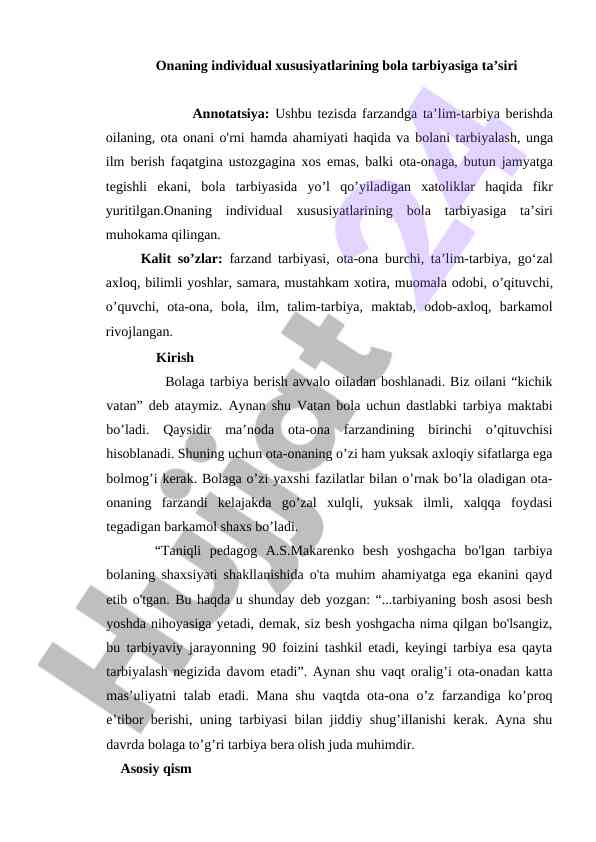 Onaning Individual Xususiyatlari Va Bola Tarbiyasi